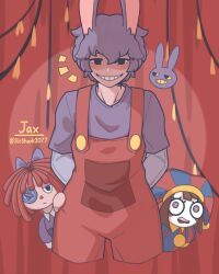 Rule 34 | 1boy, 2girls, animal ears, arms behind back, black eyes, clenched teeth, doll, hat, highres, humanization, jax (the amazing digital circus), jester, jester cap, missing eye, multicolored eyes, multiple girls, mystery girl2077, overalls, pomni (the amazing digital circus), rabbit boy, rabbit ears, ragatha (the amazing digital circus), smile, teeth, the amazing digital circus