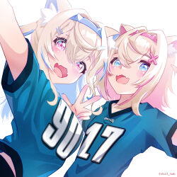Rule 34 | 2girls, :3, :d, absurdres, animal ear fluff, animal ears, blonde hair, blue hair, blue nails, blue shirt, commission, dog ears, dog girl, fangs, fuwawa abyssgard, hair ornament, hairpin, highres, hololive, hololive english, jersey, long hair, looking at viewer, medium hair, mococo abyssgard, multicolored hair, multiple girls, nail polish, obi3, open mouth, philadelphia eagles, pink hair, shirt, siblings, sisters, skin fangs, smile, streaked hair, twins, virtual youtuber, white background, x hair ornament