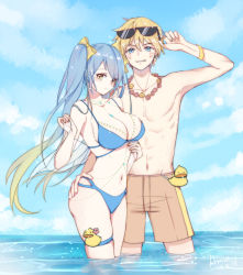Rule 34 | 1boy, 1girl, amiemie, arm up, bikini, blonde hair, blue bikini, blue eyes, blue hair, blue sky, blush, bow, braco, brown male swimwear, brown swim trunks, closed mouth, cloud, cloudy sky, collarbone, dated, day, earrings, eyewear on head, ezreal, facial mark, fingernails, flower, flower necklace, gradient hair, hair between eyes, hair bow, highres, holding, jewelry, league of legends, male swimwear, multicolored hair, navel, necklace, ocean, parted lips, partially submerged, red flower, rubber duck, signature, sky, smile, sona (league of legends), sparkle, standing, sunglasses, sunglasses on head, swim trunks, swimsuit, thigh strap, twintails, wading, water, wet, yellow bow, yellow eyes, yellow flower