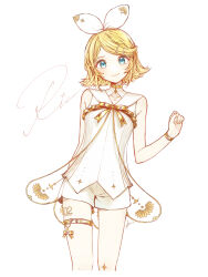 Rule 34 | 1girl, absurdres, after0217, blonde hair, blue eyes, blush, bow, bracelet, character name, choker, clothing cutout, flipped hair, gold, gramophone rin, hair bow, hair ornament, hairclip, highres, jewelry, kagamine rin, looking at viewer, miku symphony (vocaloid), parted bangs, parted lips, pendant, ribbon, sailor collar, see-through, shirt, short hair, shorts, sleeveless, sleeveless shirt, smile, solo, sparkle, thigh strap, vocaloid