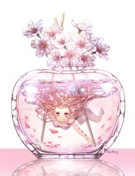 Rule 34 | 1girl, artist name, blush, collarbone, flower, highres, holding breath, long hair, looking at viewer, original, petals, pink eyes, pink hair, pink theme, reflection, roang, smile, solo, submerged, water