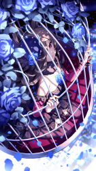 Rule 34 | 1girl, animal ears, birdcage, blue flower, blue rose, breasts, brown hair, brown thighhighs, cage, commentary, dress, flower, full body, fur collar, hair over one eye, hat, hat flower, highres, holding, holding bars, horse ears, horse girl, in cage, long hair, long sleeves, looking at viewer, nardack, off-shoulder dress, off shoulder, parted lips, purple dress, purple hat, red eyes, red sleeves, rice shower (umamusume), rose, sitting, solo, thighhighs, umamusume, wariza