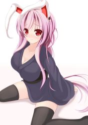 Rule 34 | 1girl, animal ears, bad id, bad pixiv id, black thighhighs, blush, breasts, chimunge, cleavage, female focus, highres, large breasts, light purple hair, long hair, rabbit ears, red eyes, reisen udongein inaba, sitting, sleeves past wrists, solo, thighhighs, touhou, wariza