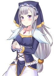 Rule 34 | 1girl, blue dress, blunt bangs, breasts, commentary request, dress, emilia (re:zero), gem, grey hair, jewelry, kneeling, large breasts, long hair, long sleeves, necklace, nun, own hands clasped, own hands together, pink gemstone, pointy ears, purple eyes, re:zero kara hajimeru isekai seikatsu, s (hdru2332), simple background, smile, solo, white background