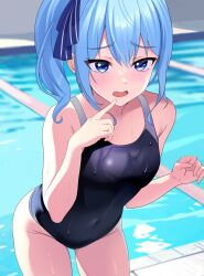 Rule 34 | 1girl, absurdres, alternate costume, blue eyes, blue hair, blue one-piece swimsuit, blurry, blush, breasts, commentary request, covered navel, cowboy shot, depth of field, fawny, highres, hololive, hoshimachi suisei, index finger raised, leaning forward, long hair, looking ahead, one-piece swimsuit, open mouth, pool, poolside, side ponytail, small breasts, solo, star (symbol), star in eye, swimsuit, symbol in eye, virtual youtuber, wet