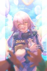 Rule 34 | 1girl, ^ ^, akira ray, balloon, blue hair, blurry, blurry foreground, blush, box, braid, capelet, closed eyes, colored inner hair, crossed arms, dated, gift, hair ornament, hairclip, happy birthday, highres, holding, holding box, jacket, karupisusawa, lee roha, long hair, multicolored hair, nijisanji, nijisanji kr, nun bora, nun bora (1st costume), open mouth, outstretched arms, purple hair, side braid, smile, solo focus, virtual youtuber, white capelet, white jacket