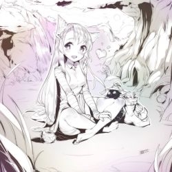 Rule 34 | 1girl, barefoot, boots, unworn boots, breasts, cat, ejami, greyscale, heart, indian style, league of legends, long hair, looking at viewer, lulu (league of legends), monochrome, mushroom, outdoors, pix (league of legends), sitting, striped sleeves, teemo, thighhighs, tree, ward (league of legends), water, waterfall