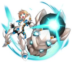 Rule 34 | 1boy, :o, absurdres, armor, blonde hair, blue eyes, blue necktie, boots, cannon, chung seiker, elsword, full armor, full body, gloves, guardian (elsword), hair flaps, highres, holding, holding weapon, looking at viewer, male focus, armored boots, necktie, official art, open mouth, pauldrons, ress, shoulder armor, solo, thigh boots, thighhighs, transparent background, weapon