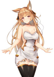 Rule 34 | 1girl, animal ears, bare arms, bare shoulders, black thighhighs, braid, breasts, brown hair, choker, cleavage, collarbone, commentary request, cowboy shot, dress, erune, french braid, frills, granblue fantasy, keima ron, large breasts, long hair, looking at viewer, red eyes, simple background, sleeveless, sleeveless dress, smile, solo, standing, strapless, strapless dress, thighhighs, white background, white dress, yuisis (granblue fantasy)
