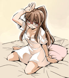 Rule 34 | 1girl, blush, brown eyes, brown hair, glasses, kubocha, kubota, long hair, looking at viewer, original, sitting, smile, solo, wariza