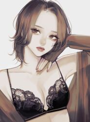 Rule 34 | 1girl, arm up, bra, breasts, cleavage, eyelashes, eyeshadow, lace, lace bra, light frown, lingerie, lips, looking to the side, makeup, medium breasts, nail polish, original, parted bangs, see-through, see-through sleeves, short hair, solo, takenaka, underwear, upper body