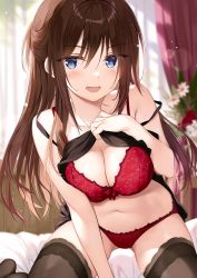 1girl, :d, arm support, bangs, bed sheet, black shirt, blue eyes, blurry, blurry background, blush, boku no kanojo sensei, bow, bow bra, bra, breasts, brown hair, brown legwear, cleavage, collarbone, curtains, eyebrows visible through hair, flower, fujiki maka, hair between eyes, highres, indoors, kneeling, leaning forward, lens flare, lifted by self, long hair, looking at viewer, medium breasts, off shoulder, official art, open mouth, oryou, panties, red bow, red bra, red flower, red panties, shiny, shiny hair, shirt, shirt lift, sleeveless, sleeveless shirt, smile, solo, thighhighs, tied hair, underwear, very long hair, white flower
