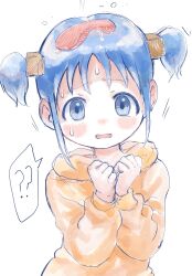 Rule 34 | 1girl, ?, ??, absurdres, blue eyes, blue hair, clenched hands, commentary, cube hair ornament, fish (food), food, food on head, hair ornament, highres, hood, hooded sweater, hoodie, naganohara mio, nichijou, object on head, orange hoodie, orange sweater, raised eyebrows, reo (salmomomon), salmon, sidelocks, solo, spoken question mark, sweat, sweater, twintails, wet