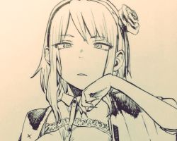 Rule 34 | 1girl, breasts, commentary request, dagashi kashi, flower, hair flower, hair ornament, hairband, kotoyama, looking at viewer, medium hair, monochrome, open mouth, ringed eyes, rose, shidare hotaru, simple background, solo