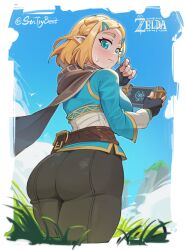 Rule 34 | 1girl, ass, ass focus, blonde hair, blush, braid, breasts, cape, clothes, crown braid, green eyes, hair ornament, hairclip, highres, hood, hooded cape, huge ass, medium breasts, nintendo, outdoors, pants, parted bangs, pointy ears, princess zelda, short hair, sidelocks, sin (sintrybest), skin tight, solo, sweatdrop, the legend of zelda, the legend of zelda: tears of the kingdom, thick thighs, thighs, tight clothes, tight pants