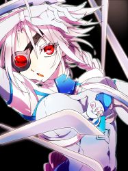 Rule 34 | 1girl, armpits, bad id, bad twitter id, blade, blazblue, bodysuit, braid, eyepatch, juzu (tace clama nt), looking at viewer, nu-13, open mouth, red eyes, silver hair, solo