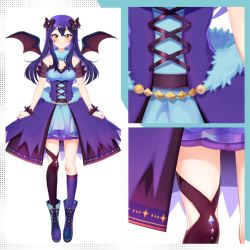 Rule 34 | 1girl, animated, bare shoulders, blue dress, blue hair, blue scarf, boots, breasts, clenched hands, close-up, commentary, demon girl, demon wings, dress, english commentary, fur scarf, live2d, long hair, looking at viewer, medium breasts, multiple views, official art, savi (byakushimc), scarf, second-party source, single thighhigh, smile, thighhighs, tsunderia, virtual youtuber, wings, wrist cuffs, yazaki kallin, yellow eyes