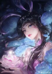 Rule 34 | 1girl, absurdres, black hair, douluo dalu, dress, facial tattoo, flower, hair ornament, highres, long hair, looking at viewer, lotus, pink dress, solo, tattoo, upper body, weiran0303, xiao wu (douluo dalu)