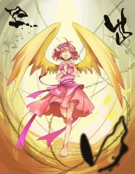 Rule 34 | 1girl, bad singing, barefoot, dress, closed eyes, full body, harpy (puyopuyo), highres, madou monogatari, music, musical note, nobara (konnttaku), open mouth, own hands clasped, own hands together, pink dress, pink hair, puyopuyo, short hair, singing, solo, standing, standing on one leg, wings, yellow background