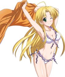 Rule 34 | 10s, 1girl, ahoge, asia argento, bikini, blonde hair, breasts, cleavage, covered erect nipples, extraction, frilled bikini, frills, green eyes, high school dxd, highres, long hair, looking at viewer, navel, one eye closed, solo, swimsuit, transparent background, white bikini