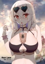 Rule 34 | 1girl, absurdres, alternate costume, azur lane, bare shoulders, bikini, black-framed eyewear, black bikini, black choker, breasts, bubble tea, bubble tea challenge, character name, choker, cloud, cloudy sky, collarbone, copyright name, cup, day, disposable cup, drinking straw, eyelashes, eyewear on head, fengyue jiang, front-tie bikini top, front-tie top, hair between eyes, hand in own hair, hands up, heart, heart-shaped eyewear, highres, large breasts, looking at viewer, navel, o-ring, o-ring bikini, o-ring top, object on breast, open mouth, outdoors, palm tree, red eyes, round teeth, scrunchie, shadow, short hair, sirius (azur lane), sirius (scorching-hot seirios) (azur lane), sky, solo, sun, sunglasses, sunlight, swimsuit, teeth, tongue, tree, upper body, white hair, white scrunchie, wrist scrunchie