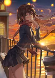 Rule 34 | 1girl, absurdres, bird, black jacket, black skirt, blue sky, blurry, blurry foreground, blush, brown hair, building, closed mouth, coffee cup, cowboy shot, cup, disposable cup, fence, from side, full-face blush, highres, hill, jacket, light, long hair, long sleeves, looking at viewer, midriff peek, miniskirt, ocean, orange sky, original, outdoors, pleated skirt, red scarf, scarf, shirt, skirt, sky, smile, snow, solo, standing, sunset, sweatdrop, thighs, white shirt, window, wolla, yellow eyes, yellow sky