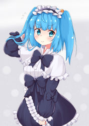Rule 34 | 1girl, alternate costume, arm up, blue bow, blue bowtie, blue eyes, blue hair, blue hairband, blue skirt, blush, bow, bowtie, capelet, commentary request, cowboy shot, flying sweatdrops, frilled capelet, frilled hairband, frills, grey background, hair bobbles, hair ornament, hairband, hand in own hair, kawashiro nitori, lolita fashion, lolita hairband, long hair, long sleeves, looking at viewer, petticoat, puffy sleeves, rururiaru, skirt, smile, solo, standing, touhou, two side up, white capelet