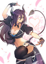 Rule 34 | 1girl, black hair, blue eyes, breasts, choker, cleavage, demon girl, demon horns, demon tail, faye sievers, fingerless gloves, garter straps, gloves, hair between eyes, heart, hide (hideout), highres, horns, indie virtual youtuber, large breasts, long hair, midriff, mole, mole under mouth, navel, skirt, smile, solo, standing, standing on one leg, tail, thighhighs, virtual youtuber