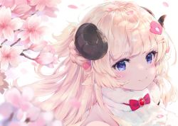Rule 34 | 1girl, andychen, animal ears, bare shoulders, blonde hair, blush, bow, cherry blossoms, closed mouth, commentary request, flower, hair ornament, hairclip, has bad revision, has downscaled revision, highres, hololive, horns, long hair, looking at viewer, md5 mismatch, petals, pink flower, portrait, purple eyes, red bow, resolution mismatch, sheep ears, sheep girl, sheep horns, smile, solo, source smaller, tsunomaki watame, tsunomaki watame (1st costume), virtual youtuber, white background