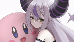 Rule 34 | 1girl, absurdres, bare shoulders, blush, closed mouth, demon horns, hair between eyes, highres, hololive, horns, kirby (series), kit, la+ darknesss, long hair, looking at viewer, looking to the side, nintendo, pointy ears, sidelocks, silver hair, simple background, smile, upper body, virtual youtuber, white background, yellow eyes