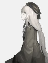 Rule 34 | 1girl, arms at sides, bad id, bad twitter id, braid, commentary request, dark souls (series), greyscale, hair between eyes, hat, km yama, long hair, monochrome, original, single braid, solo, very long hair