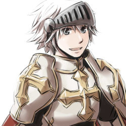 Rule 34 | 1boy, armor, breastplate, cape, closed eyes, commentary request, cross, grey eyes, lord knight (ragnarok online), male focus, natsuya (kuttuki), open mouth, pauldrons, ragnarok online, red cape, short hair, shoulder armor, simple background, smile, solo, upper body, visor (armor), white background, white hair