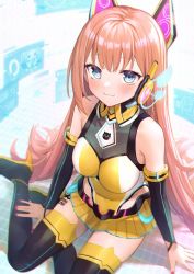 Rule 34 | 1girl, :3, absurdres, amamiya yume, black footwear, black thighhighs, blue eyes, blush, boots, breasts, closed mouth, commentary request, detached sleeves, headgear, high heel boots, high heels, highres, holographic interface, indie virtual youtuber, leotard, long sleeves, looking at viewer, medium breasts, mr.lime, nail polish, orange hair, pleated skirt, red nails, sitting, skirt, solo, thigh boots, thighhighs, virtual youtuber, yellow leotard, yellow skirt