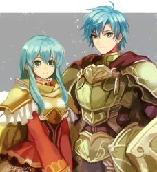 Rule 34 | 1boy, 1girl, alternate costume, aqua eyes, armor, axe, battle axe, boots, brother and sister, brown footwear, cosplay, couple, eirika (fire emblem), ephraim (fire emblem), fado (fire emblem), fado (fire emblem) (cosplay), fire emblem, fire emblem: the sacred stones, fire emblem heroes, full armor, green armor, green hair, hetero, incest, intelligent systems, long hair, looking at viewer, nana (nanalog76), nintendo, pauldrons, short hair, shoulder armor, siblings, simple background, smile, twins, weapon