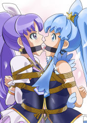 Rule 34 | 10s, arms behind back, bdsm, blue eyes, blue hair, bondage, bound, cure fortune, cure princess, dildo, dildo gag, dildo in mouth, double dildo, gag, happinesscharge precure!, hikawa iona, oral, precure, purple eyes, purple hair, restrained, rope, saliva, sex toy, shirayuki hime, bound together, tongue, yuri