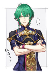 Rule 34 | 1boy, braid, byleth (fire emblem), byleth (male) (fire emblem), closed mouth, cosplay, crossed arms, fire emblem, fire emblem: three houses, green eyes, green hair, highres, imuranomura, nintendo, short hair, simple background, single braid, solo, sothis (fire emblem) (cosplay)