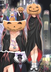 Rule 34 | 1boy, 1girl, aldehyde, bikini, breasts, cape, coat, condom, condom wrapper, costume, crowd, exhibitionism, halloween, halloween costume, hat, highres, jack-o&#039;-lantern, large breasts, long hair, multiple boys, multiple girls, naked coat, nude, open clothes, original, outdoors, pink hair, public indecency, pumpkin, shoes, swimsuit, trick or treat
