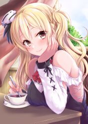 Rule 34 | 1girl, absurdres, armpits, baban, bare shoulders, blonde hair, braid, breasts, brown eyes, coffee, corset, day, french braid, hat, highres, indoors, kantai collection, large breasts, long hair, looking at viewer, medium breasts, mini hat, shirt, sitting, smile, solo, table, tilted headwear, upper body, wavy hair, white shirt, zara (kancolle), zara due (kancolle)
