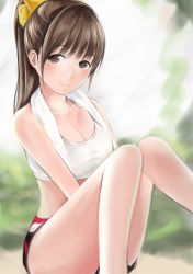 Rule 34 | 1girl, anegasaki nene, bad id, bad pixiv id, bare shoulders, blush, breasts, brown eyes, brown hair, cleavage, crop top, knees together feet apart, large breasts, long hair, looking at viewer, love plus, mole, mole under eye, nannacy7, ponytail, short shorts, shorts, sitting, smile, solo, towel, towel around neck