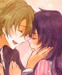 Rule 34 | 1boy, 1girl, blush, brown hair, couple, embarrassed, closed eyes, face-to-face, flower, formal, hand on another&#039;s face, happy, hetero, long hair, mirai nikki, necktie, nishijima masumi, open mouth, purple hair, smile, suit, t0day8, uryuu minene