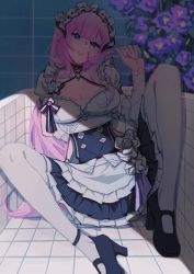 Rule 34 | 1girl, absurdres, apron, arm under breasts, black dress, black footwear, breasts, cleavage, dress, elf, elysia (honkai impact), elysia (miss pink elf) (honkai impact), frilled apron, frills, full body, highres, honkai (series), honkai impact 3rd, kile chou, long hair, maid, maid apron, maid headdress, open mouth, pink hair, pointy ears, solo, thighhighs, tile floor, tile wall, tiles, white thighhighs