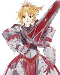 Rule 34 | 1girl, armor, breastplate, clarent (fate), fang, fate/grand order, fate (series), gloves, greaves, green eyes, highres, looking at viewer, meri (aksleepsheep), mordred (fate), mordred (fate/apocrypha), pauldrons, pelvic curtain, ponytail, red scrunchie, scrunchie, shoulder armor, sketch, smile, solo, white background