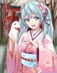 Rule 34 | 10s, 1girl, 2013, blue eyes, blue hair, chinese zodiac, flower, hair flower, hair ornament, hand puppet, hatsune miku, japanese clothes, kimono, matching hair/eyes, new year, open mouth, puppet, snake, snake (chinese zodiac), solo, torii, twintails, vocaloid