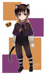 Rule 34 | 1boy, :o, aged down, alternate costume, animal ears, black capelet, black footwear, black pants, black vest, blue eyes, bow, bowtie, brown hair, capelet, cat boy, cat ears, cat tail, child, collar, dated, dot mouth, final fantasy, final fantasy viii, frilled collar, frills, full body, halloween, halloween costume, high collar, hiryuu (kana h), jack-o&#039;-lantern, long sleeves, looking at viewer, male focus, orange background, pants, paw print, puffy long sleeves, puffy sleeves, purple background, purple bow, purple bowtie, shirt, short hair, signature, simple background, socks, solo, spider web print, squall leonhart, striped clothes, striped socks, tail, vest, white shirt