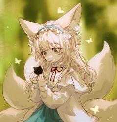 Rule 34 | 1girl, animal, animal ear fluff, animal ears, arknights, blonde hair, blue hairband, bug, butterfly, cardigan, cat, fox ears, fox girl, fox tail, frilled hairband, frills, green eyes, green skirt, hair down, hairband, highres, holding, holding animal, holding cat, insect, kitsune, long hair, long sleeves, luo xiaohei, multiple tails, neck ribbon, official alternate costume, open cardigan, open clothes, red ribbon, ribbon, shirt, skirt, smile, solo, suzuran (arknights), suzuran (praise spring) (arknights), suzuran (spring praise) (arknights), tail, luo xiaohei zhanji, upper body, white cardigan, white shirt, yunluo