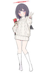 Rule 34 | 1girl, aged down, alternate costume, black hair, black wings, blue archive, blush, foreshortening, full body, halo, kneehighs, looking at viewer, mashiro (blue archive), no pants, no shoes, popqn, purple eyes, short hair, simple background, sketch, smile, socks, solo, sweater, v, white background, white socks, white sweater, wings