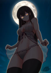 Rule 34 | 1girl, akagi (kancolle), alternate costume, babydoll, black thighhighs, breasts, brown eyes, brown hair, covered erect nipples, from below, full moon, kantai collection, large breasts, long hair, moke ro, moon, navel, night, night sky, outdoors, panties, sky, solo, standing, straight hair, thighhighs, underwear, underwear only, white babydoll, white panties