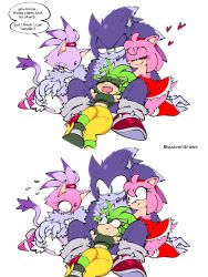 1boy 3girls amy_rose blaze_the_cat blush compliment cuddling embarrassed fangs furry green_fur harem hedgehog highres hug idw_publishing lying multiple_girls pink_fur purple_fur quavernsfw reclining sega simple_background sonic_(series) sonic_the_hedgehog sonic_the_hedgehog_(idw) sonic_the_werehog sonic_unleashed speech_bubble suggestive_dialogue surge_the_tenrec surprised talking tomboy werehog white_background