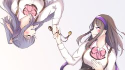 Rule 34 | 2girls, arm at side, assault lily, blush, bow, bowtie, braid, breasts, closed eyes, closed mouth, collared shirt, commentary, facing another, french braid, fukuyama jeanne sachie, gradient background, grey background, hair bow, hair spread out, hairband, half updo, hand on own chest, hand up, hands up, holding, holding hands, holding jewelry, holding necklace, jewelry, unworn jewelry, kishimoto maria mirai, light smile, long sleeves, looking at another, looking to the side, ludvico private girls&#039; academy school uniform, lying, medium breasts, mimura (eh mi0), mole, mole under eye, multiple girls, necklace, unworn necklace, on back, parted lips, pendant, pink bow, pink bowtie, profile, purple eyes, purple hair, purple hairband, school uniform, shirt, sidelocks, smile, suspenders, teeth, underbust, upper body, upper teeth only, upside-down, white shirt
