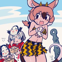 Rule 34 | 3girls, alternate costume, animal ears, bandeau, beans, belt, black hair, blush, brown eyes, brown hair, club, club (weapon), eating hair, embarrassed, eurasian eagle owl (kemono friends), fake horns, gambian rat (kemono friends), grey hair, hair between eyes, hairband, highres, horns, inada roku, japanese clothes, kanabou, kemono friends, light brown hair, long hair, looking at viewer, low ponytail, mamemaki, mask, mask on head, medium hair, mouse ears, mouse girl, mouse tail, multicolored hair, multiple girls, navel, noh mask, northern white-faced owl (kemono friends), oni, oni costume, oni horns, open mouth, owl ears, ponytail, setsubun, shorts, spiked club, stomach, strapless, sweat, tail, weapon